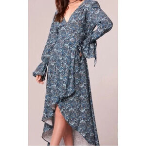 🆑Boho Chic Blue Floral High-Low Wrap Dress With Long Sleeves & V-Neckline